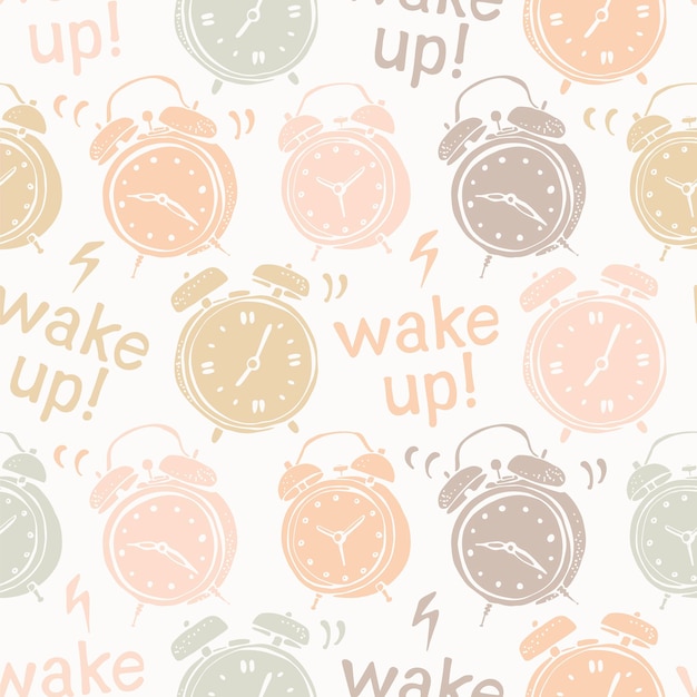 Retro pattern with hand drawn ringing alarm clocks and text messages