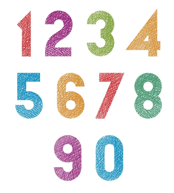 Retro style geometric numbers set with hand drawn lines texture