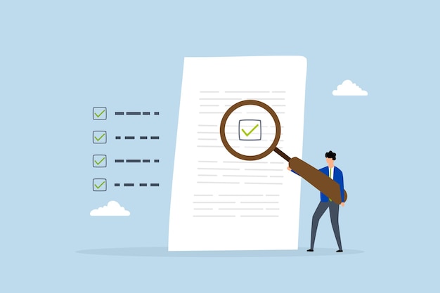 review document businessman with magnifier inspect document