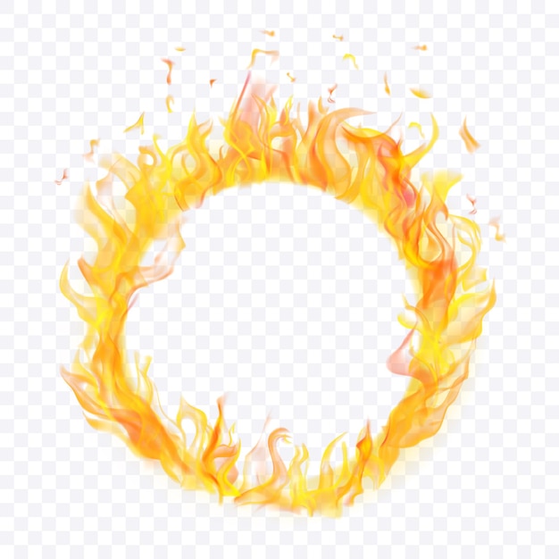 Ring made of translucent orange tongues of fire and sparks on transparent background For used on light illustrations Transparency only in vector format