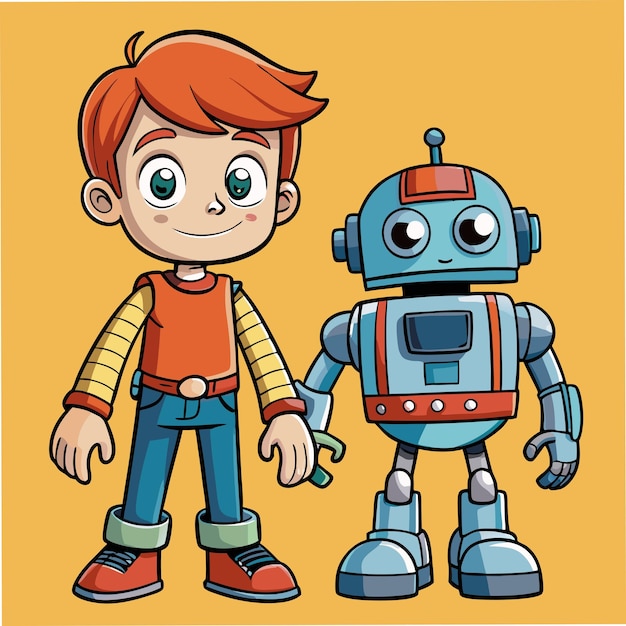 Robot Companion Boy Cartoon Vector Drawing