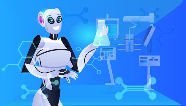 robot holding test tube with liquid robotic chemist making experiments in lab genetic engineering artificial intelligence concept modern laboratory interior portrait horizontal 