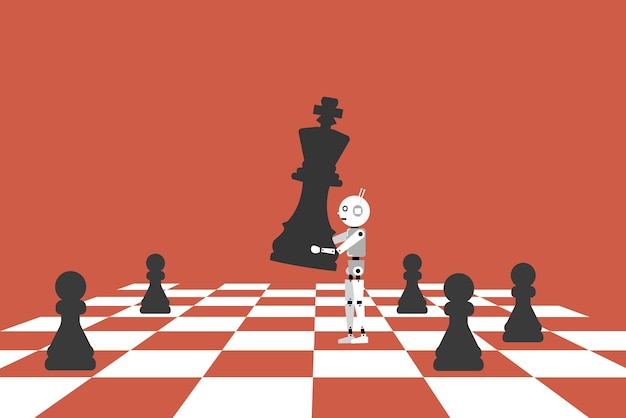 Robot move chess piece on board game Business concept for machine learning artificial intelligence and disruption