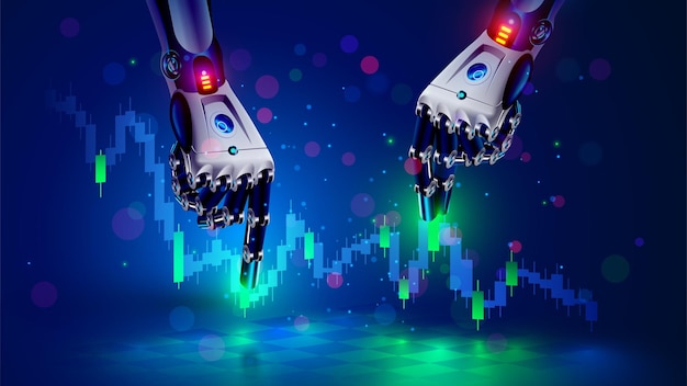 Robot or bot trader AI for automation trading on stock market Hands robot point at candlestick graph on trading exchange market Artificial intelligence trader AI chat bot for Online trading