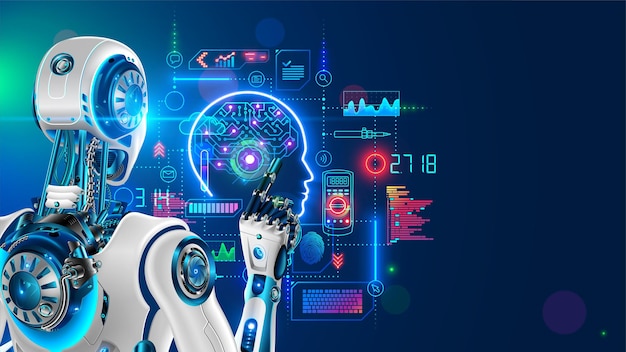 robot or cyborg programming artificial intelligence in cyberspace ai in industrial revolution machine looking on hud screen deep machine learning back view neural network in image humanoid robot