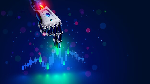Robot trader AI for automation trading on stock market Hand robot point at candlestick graph on screen phone Artificial intelligence trader Artificial Neural network in App for Online trading