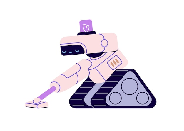 Robot with vacuum cleaner Cute machine bot character cleaning Retrostyled artificial intelligence android for housework domestic chores Flat vector illustration isolated on white background
