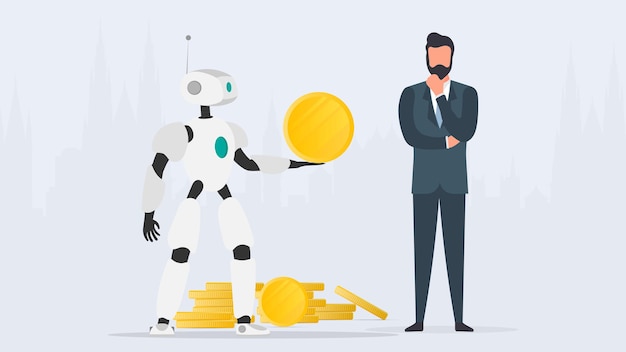 Roboten gir en gullmynt til en forretningsmann. Roboten gir fortjeneste til bedriften. Konseptet med inntjening, fortjeneste og rikdom. Vektor.