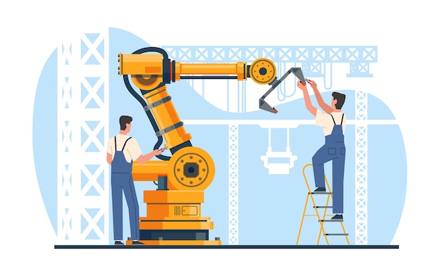 Robotics experts maintain industrial equipment automated machine Mechanic and hydraulic manufacture manipulator machinery conduction industry Cartoon flat isolated vector concept