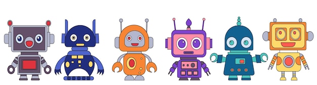 Robots androids set in doodle style set on white background vector