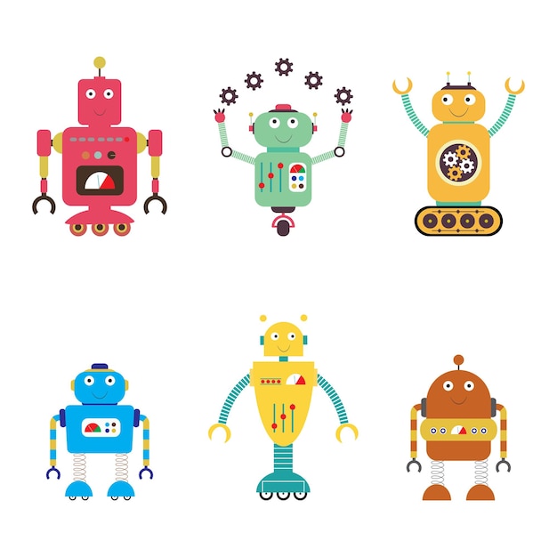 Robots collection android isolated on white background Cartoon vector illustration