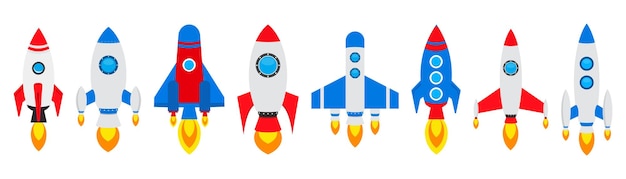 Rocket ship in a flat design Set of cartoon rocket icons