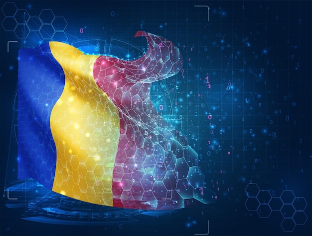 Romania vector flag virtual abstract 3D object from triangular polygons on a blue background