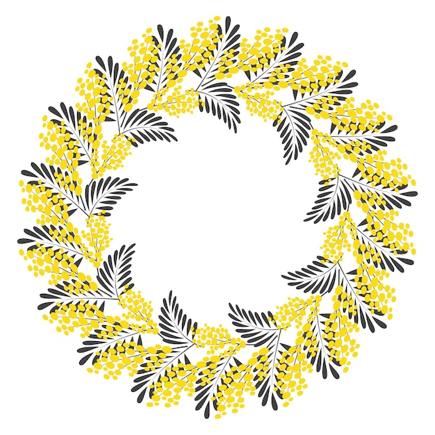 Round botanical frame with space for text Template for wedding invitation with mimosa Postcard with spring flowers Vector illustration