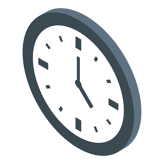 Round wall clock telling time is hanging on white background