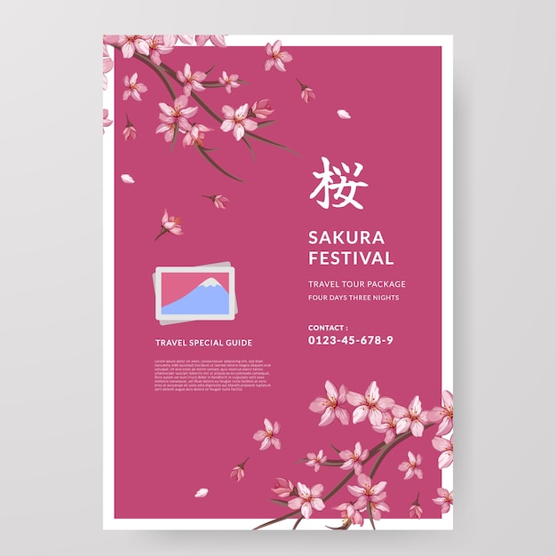Sakura Festival kirsebærblomst japan reiseguide plakat reise utenlands med blomsterillustrasjon