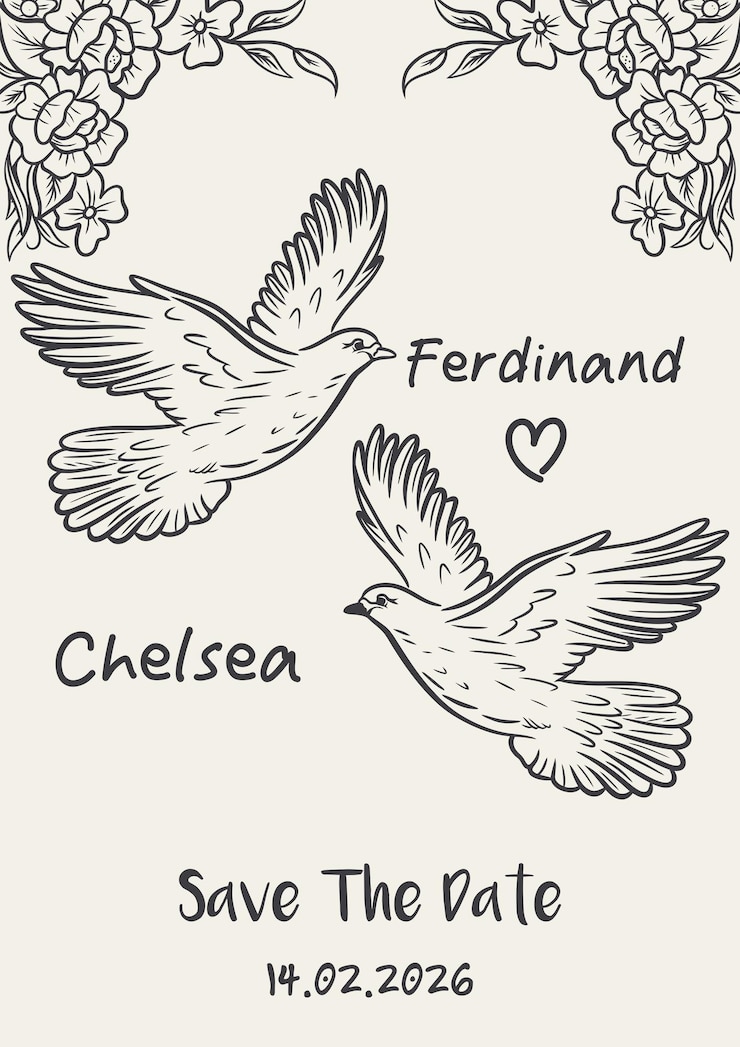 Save the Date Card with HandDrawn Doves and Floral Decoration