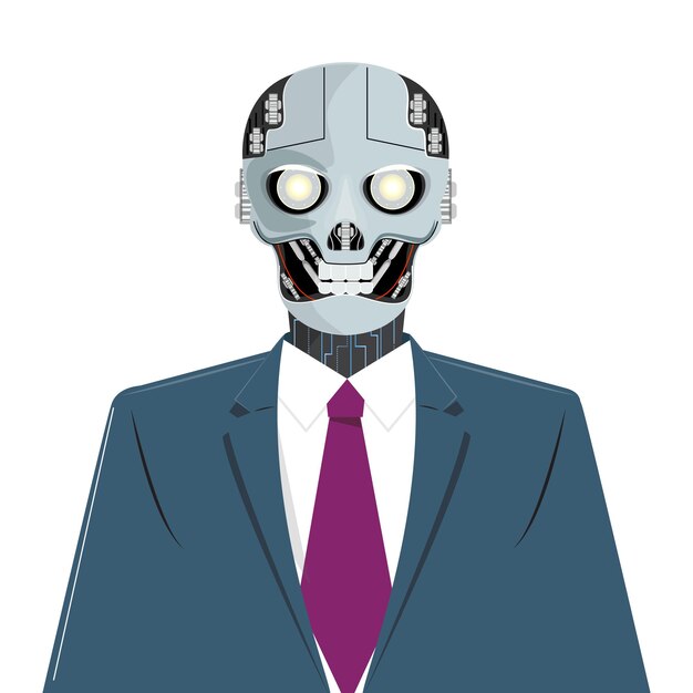 Scary cyborg skull illustration with red cables suit and tie symbolizing nonhuman AI takeover