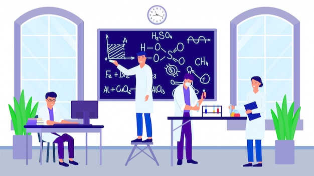 Science chemical laboratory and group of scientists or students with teacher illustration.