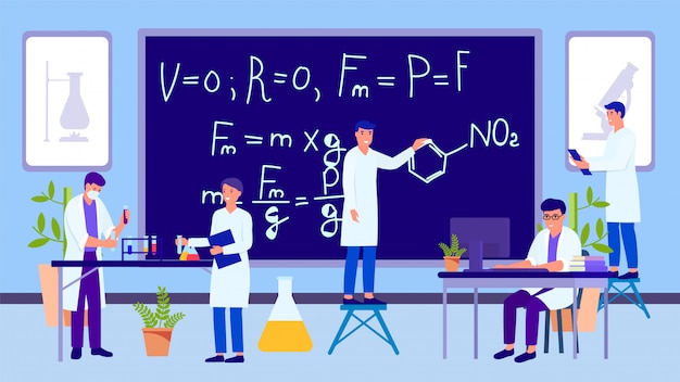 Science educational laboratory and working people researchers group illustration.