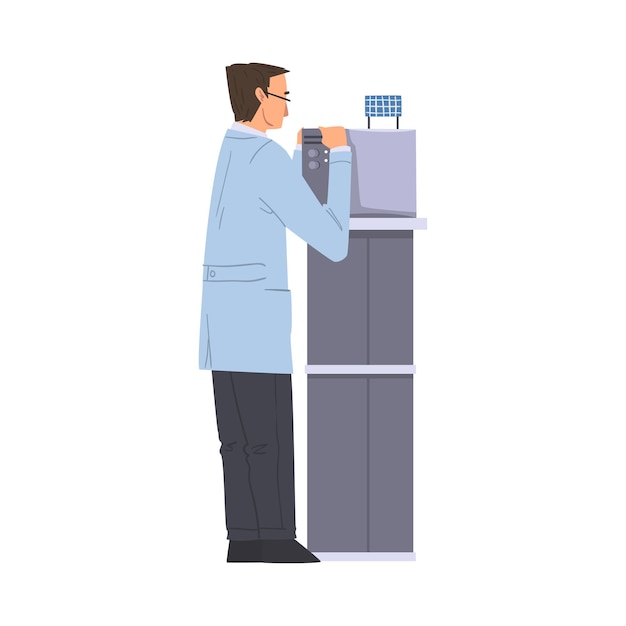 Scientist or engineer in lab man in white coat doing scientific experiment with laboratory equipment