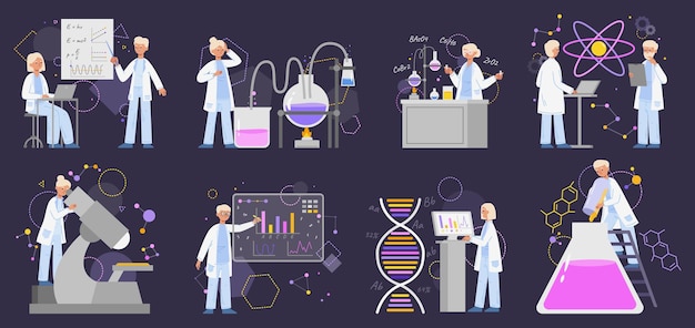 scientist research chemistry lab experiment science workers man and woman scientists with lab equipment vector illustration set scientists doing research looking at microscope pouring liquid