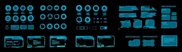 Scifi digital interface elements HUD for Game UI UX KIT Futuristic User Interface frame screens Callouts titles FUI circle set Loading bars Lines and Arrows in HUD style Vector collection