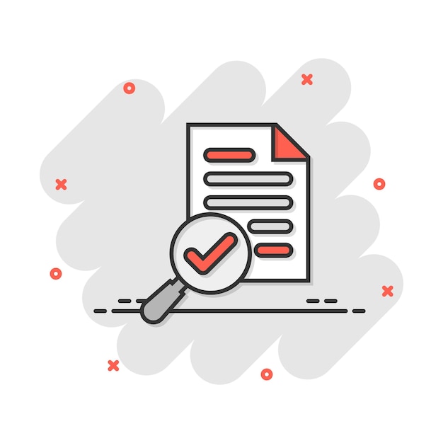Scrutiny document plan icon in comic style Review statement vector cartoon illustration pictogram Document with magnifier loupe business concept splash effect