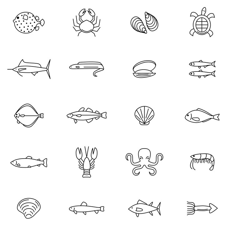Sea Food Thin Line Icon Set for Menu of Cafes and Restaurants Symbol Gourmet Healthy Food Vector illustration of Seafood