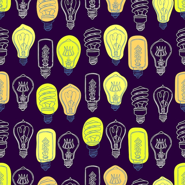 Seamless background of different light bulbs. hand-drawn illustration