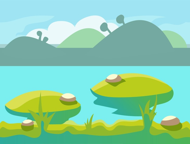 Seamless cartoon nature landscape, unending background with soil, trees, mountains and cloudy sky layers vector illustration