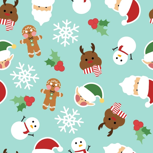 Seamless christmas pattern with cute cartoon characters on xmas. Christmas holiday winter.