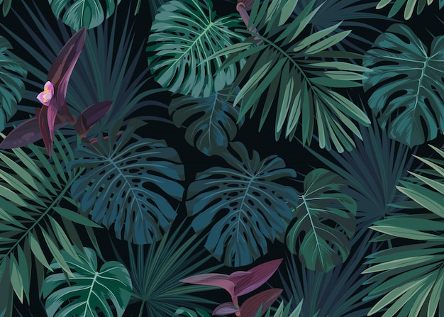 seamless hand drawn botanical exotic pattern with green palm leaves on dark background.