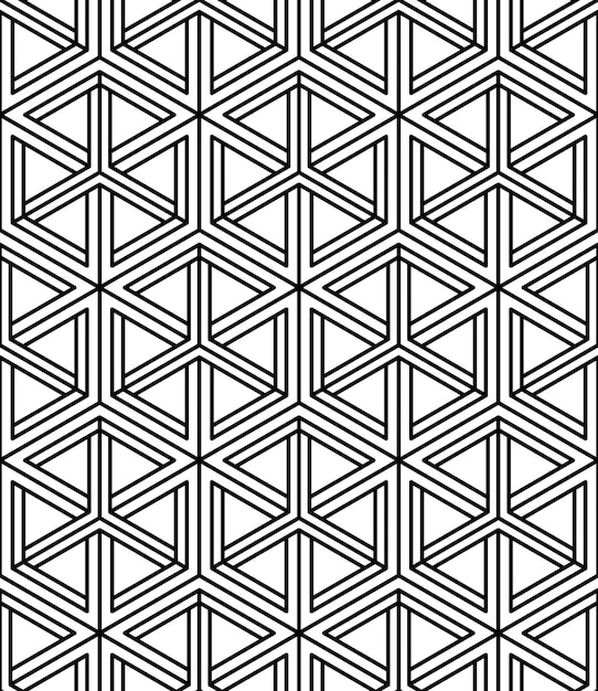 Seamless optical ornamental pattern with three-dimensional geometric figures. Intertwine black and white composition.