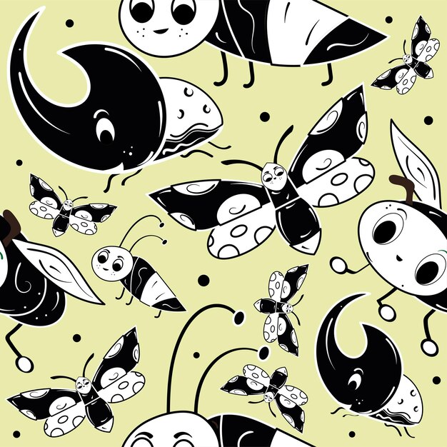 Seamless pattern background with insect sketch characters Vector illustration