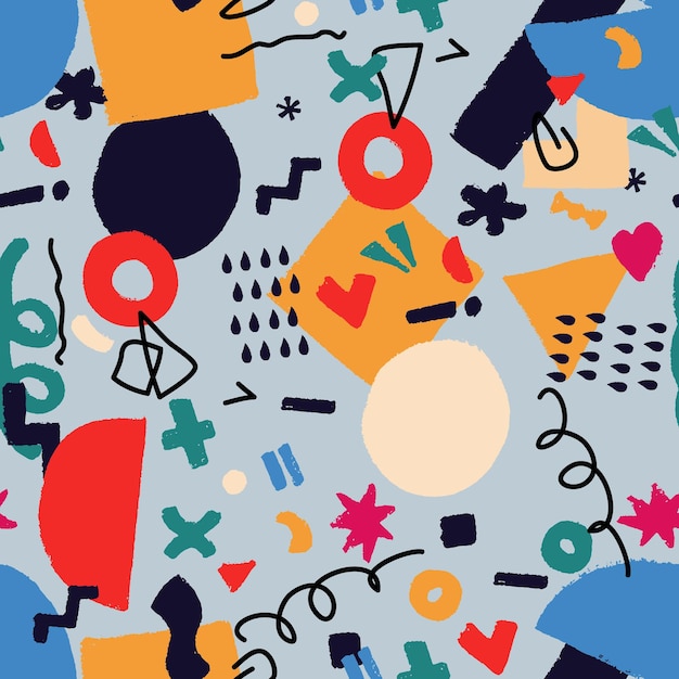 Seamless pattern colored various shapes geometric figures doodle Abstract contemporary modern