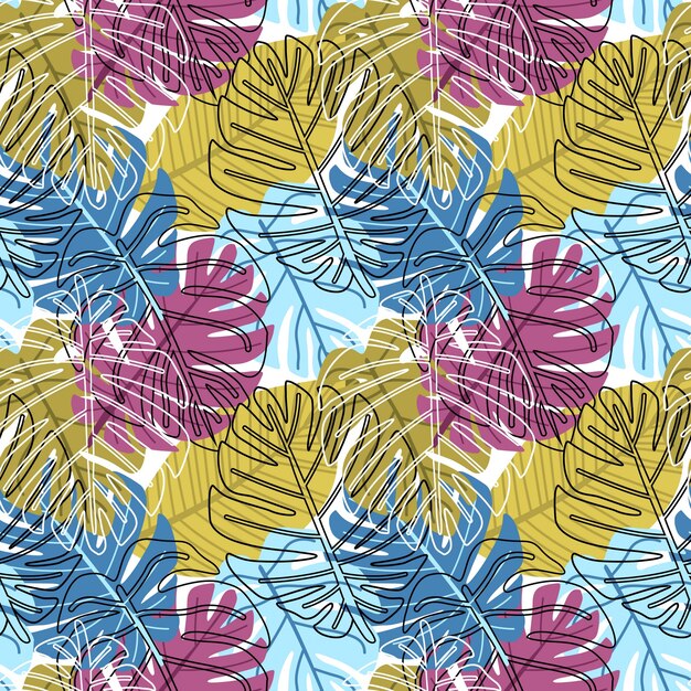 seamless pattern colorful monstera palm outline