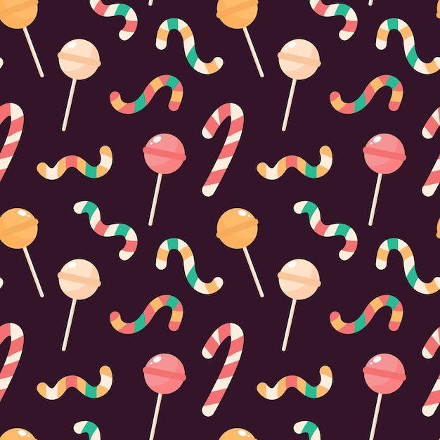 Seamless pattern of candies Caramel stick lollipop candy cane on dark background Holiday texture