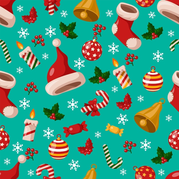 seamless pattern of christmas ornament with green color background