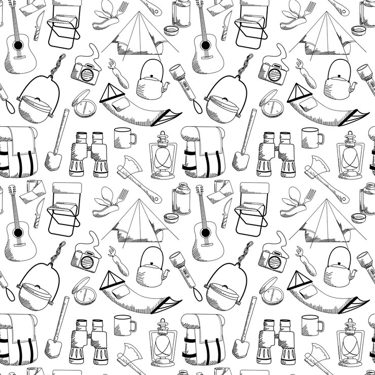 Seamless pattern of isolated items for camping and travel in vectorx9xA