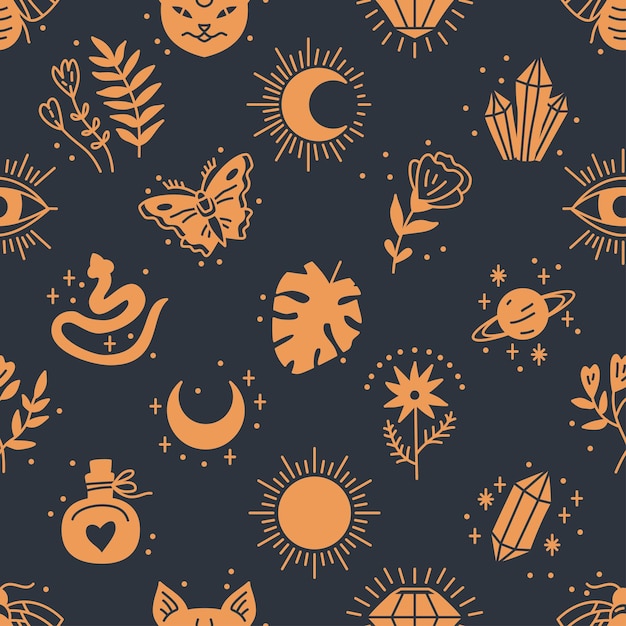 Seamless pattern of Mystical and Astrology objects in boho style