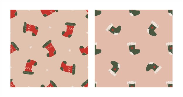 Seamless pattern set with Christmas green and red socks Christmas and New Year concept Hand drawn retro vintage vector texture for wallpaper prints wrapping textile
