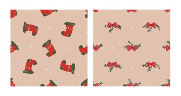 Seamless pattern set with Christmas red sock and bow Christmas and New Year concept Hand drawn retro vintage vector texture for wallpaper prints wrapping textile