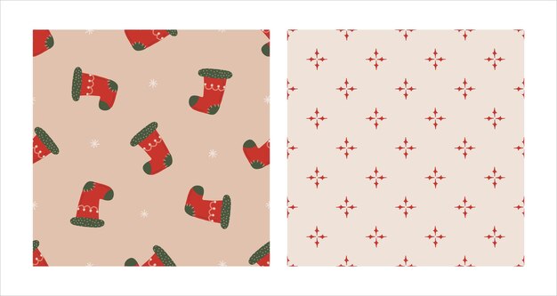 Seamless pattern set with Christmas red sock and geometric ornament Christmas and New Year concept Hand drawn retro vintage vector texture for wallpaper prints wrapping textile