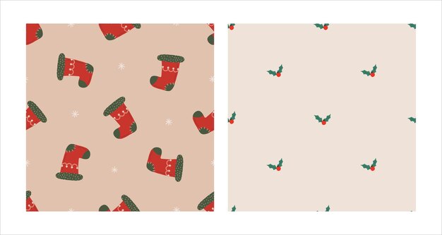 Seamless pattern set with Christmas red sock and holly Christmas and New Year concept Hand drawn retro vintage vector texture for wallpaper prints wrapping textile