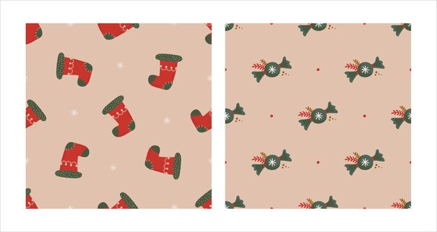 Seamless pattern set with Christmas red sock and sweets Christmas and New Year concept Hand drawn retro vintage vector texture for wallpaper prints wrapping textile