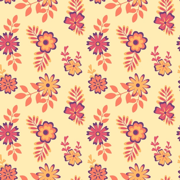 Seamless pattern with abstract flowers leaves branches in a warm orange purple palette