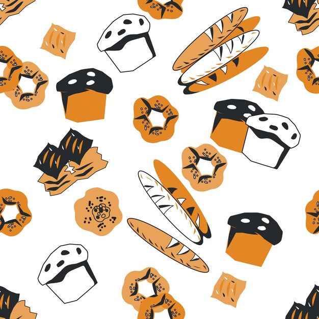 seamless pattern with assortment of bread and pastry items vector