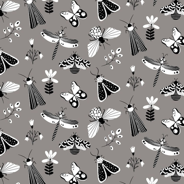 Seamless pattern with black and white butterflies, moths, dragonflies and botanical elements. Vector pattern in cartoon style. For clothing, fabric, wallpaper and all prints on a white background