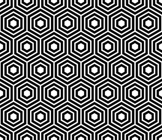 Seamless pattern with black white hexagons and striped lines Optical illusion effect